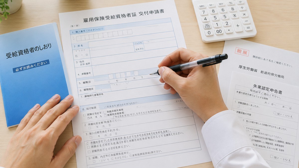 雇用保険受給資格者証交付申請書と失業認定申告書に記入する手元の写真