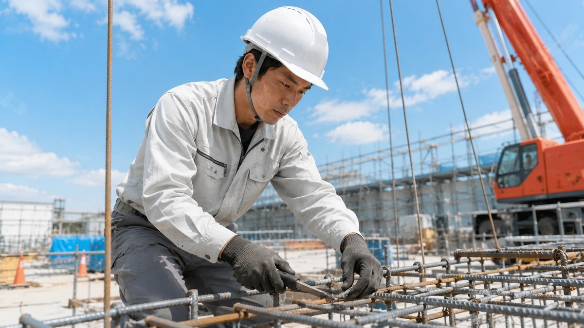 建設現場でヘルメットをかぶり鉄筋を組む作業員