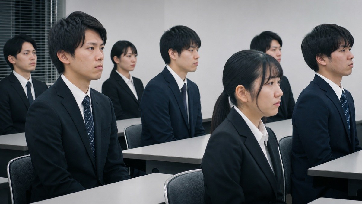 張り詰めた空気の新入社員研修をイメージした写真
