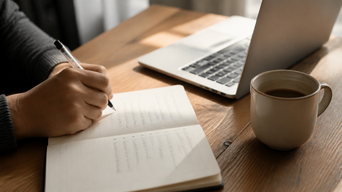 ノートに条件を書き出しながら転職の進め方を整理する手元