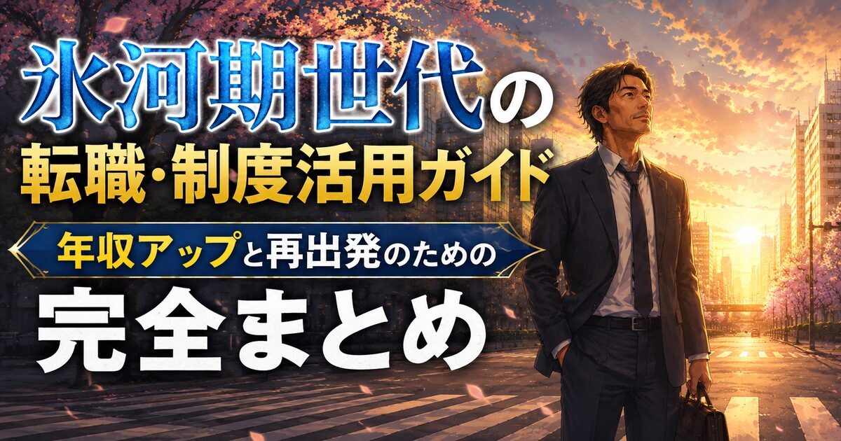 夜明けの都市でスーツ姿の40代男性が前を向いているアニメ風イラスト
