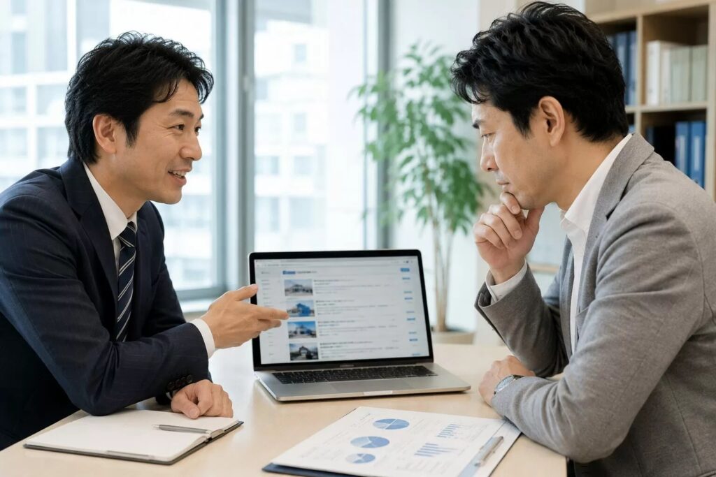 キャリアアドバイザーと求人情報を確認する40代男性