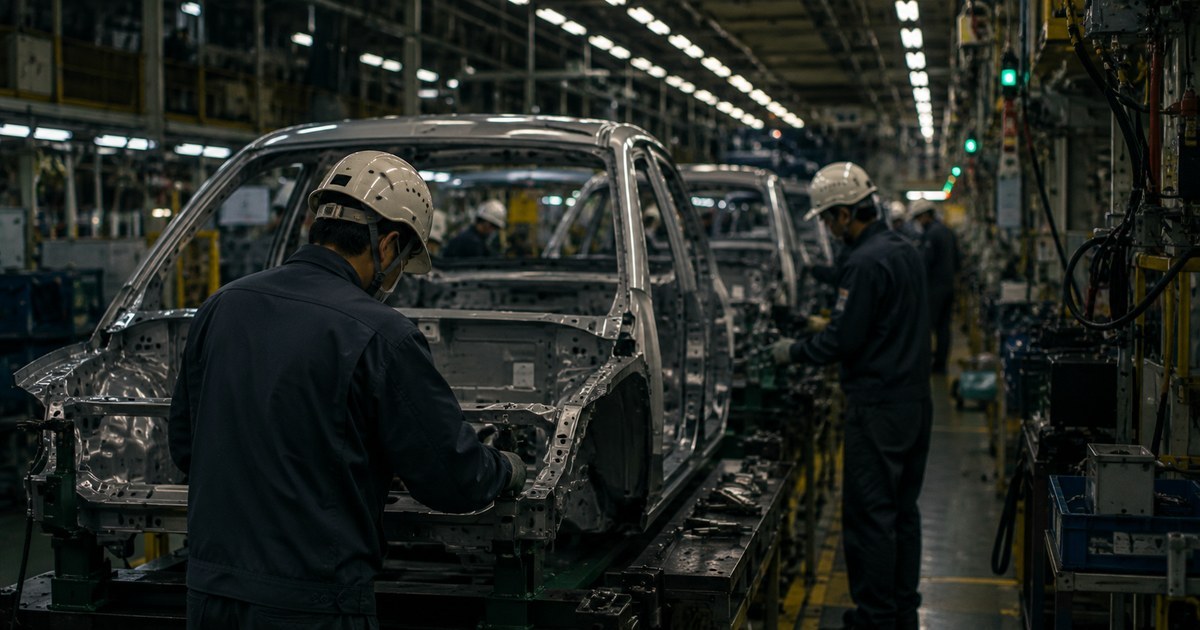 自動車組立工場のラインで作業する期間工のイメージ
