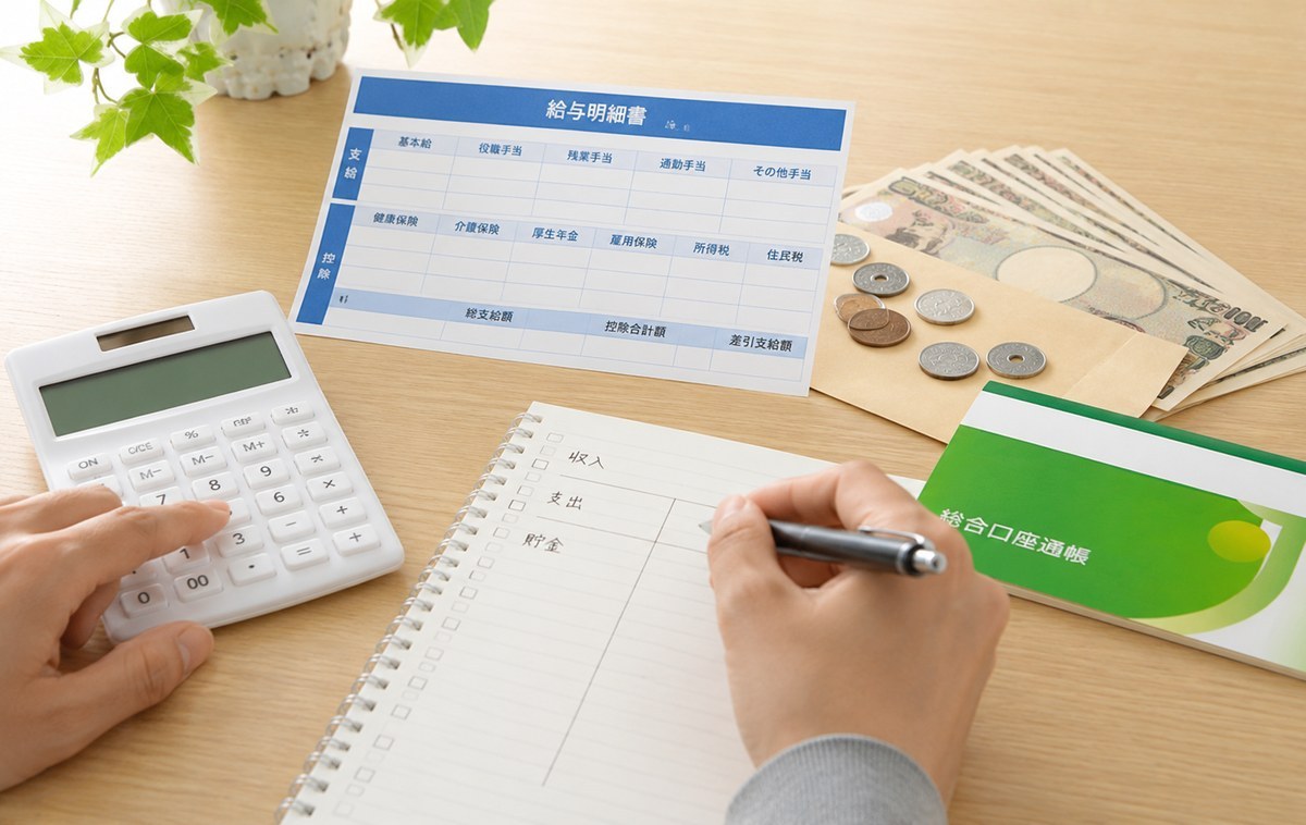 給与明細・電卓・通帳で期間工の手取りと貯金をシミュレーションするイメージ