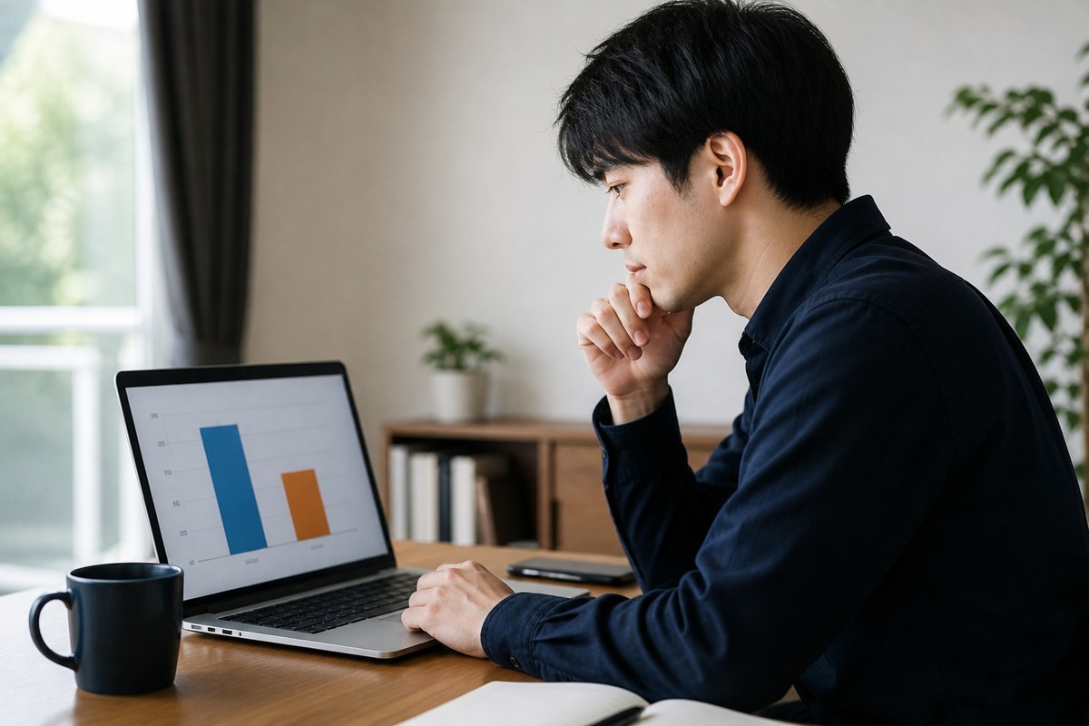 パソコンの給与比較グラフを見る男性・正社員と契約社員の年収差