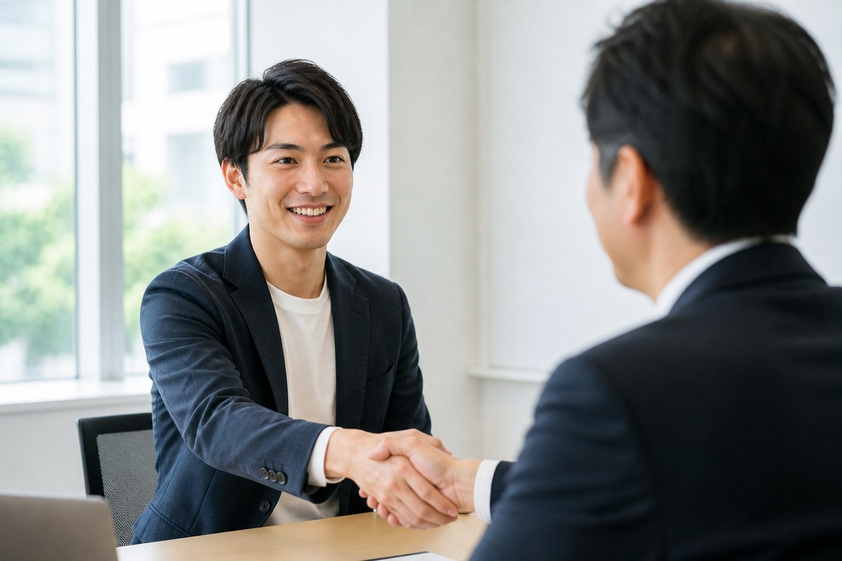 面接で握手する男性・契約社員から正社員への転換