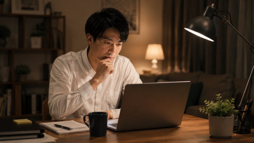 白シャツの30代男性が夜の自宅でノートPCに向かう