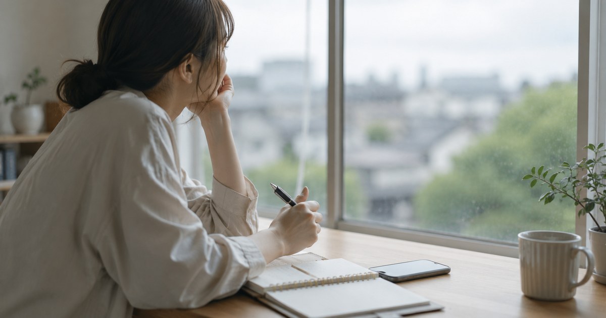 窓辺でペンを手にしたまま手が止まり、ぼんやり外を見つめる様子