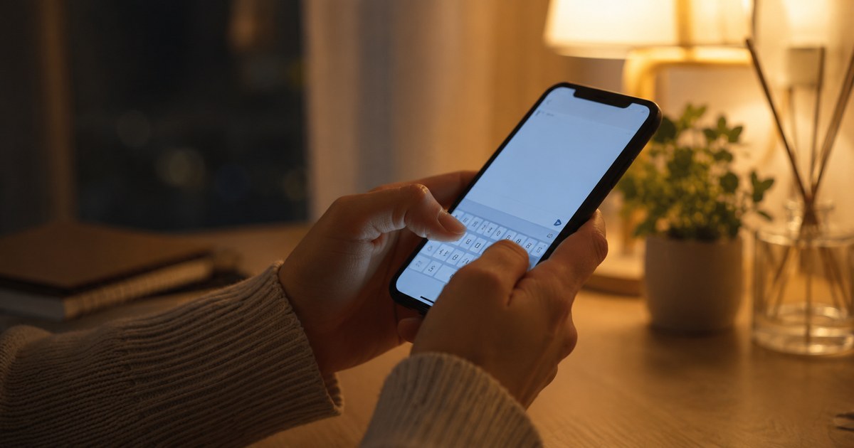 夜の部屋でスマホにメッセージを打とうとしている手元
