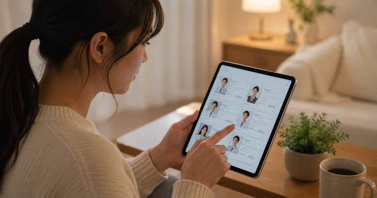 タブレットで医師のプロフィール一覧を見て選んでいる様子