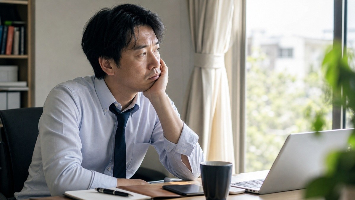 40代で仕事を辞めたいと悩む会社員の様子