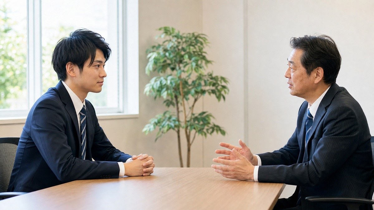 会議室で上司に退職を切り出して話す会社員