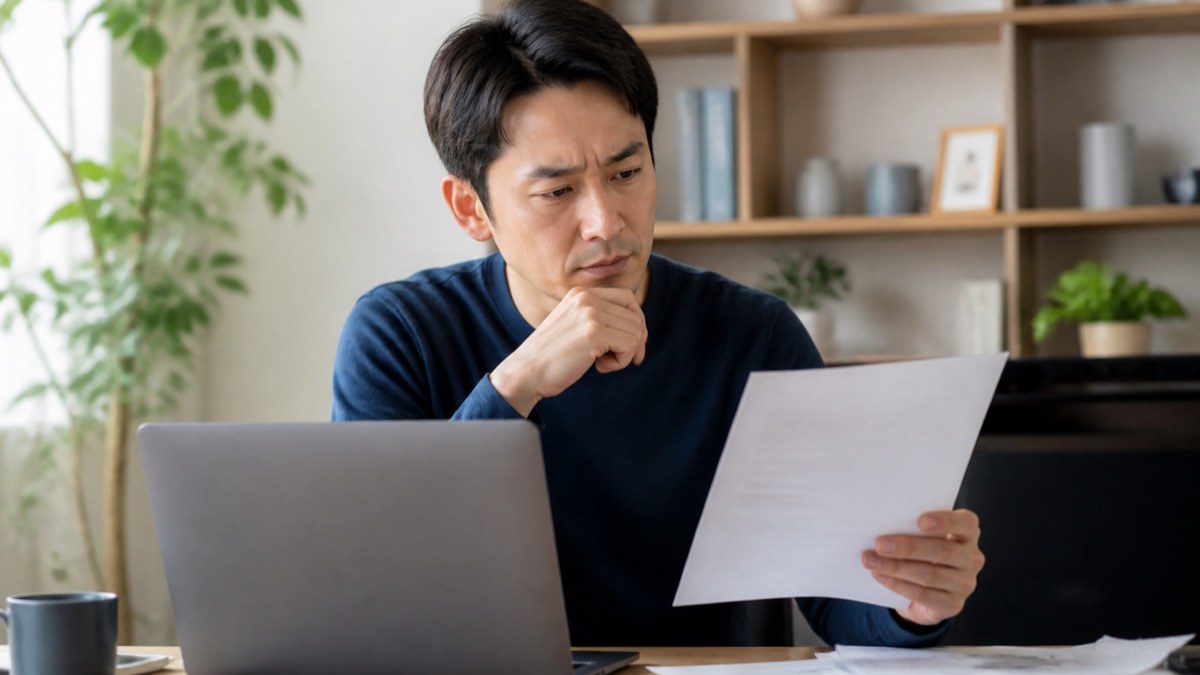 オンライン面談の画面を前に契約内容を慎重に確認する人
