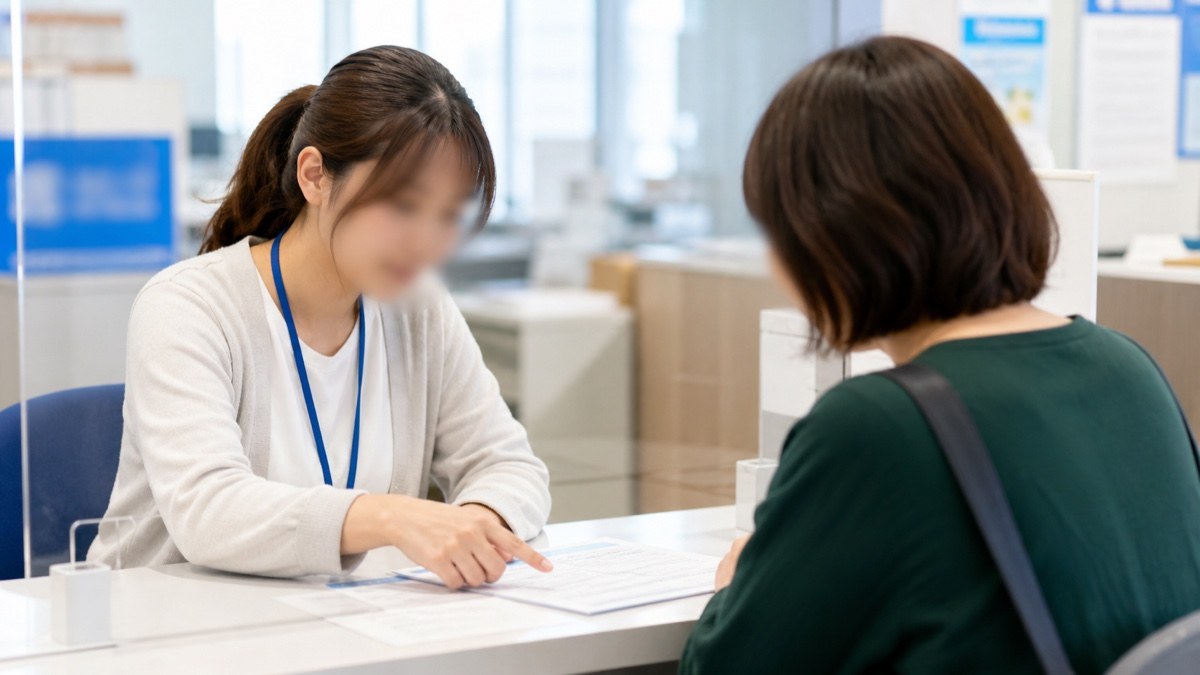 窓口で書類の書き方について説明を受ける様子