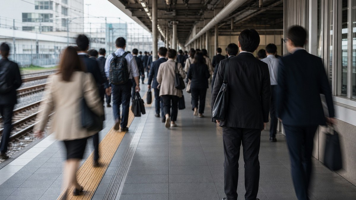 通勤時間の駅のホームで、人の流れから少し離れて立ち止まる人の後ろ姿