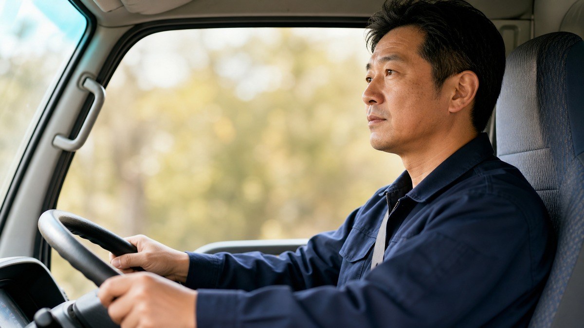 無地の中型トラックの運転席に座る日本人ドライバー