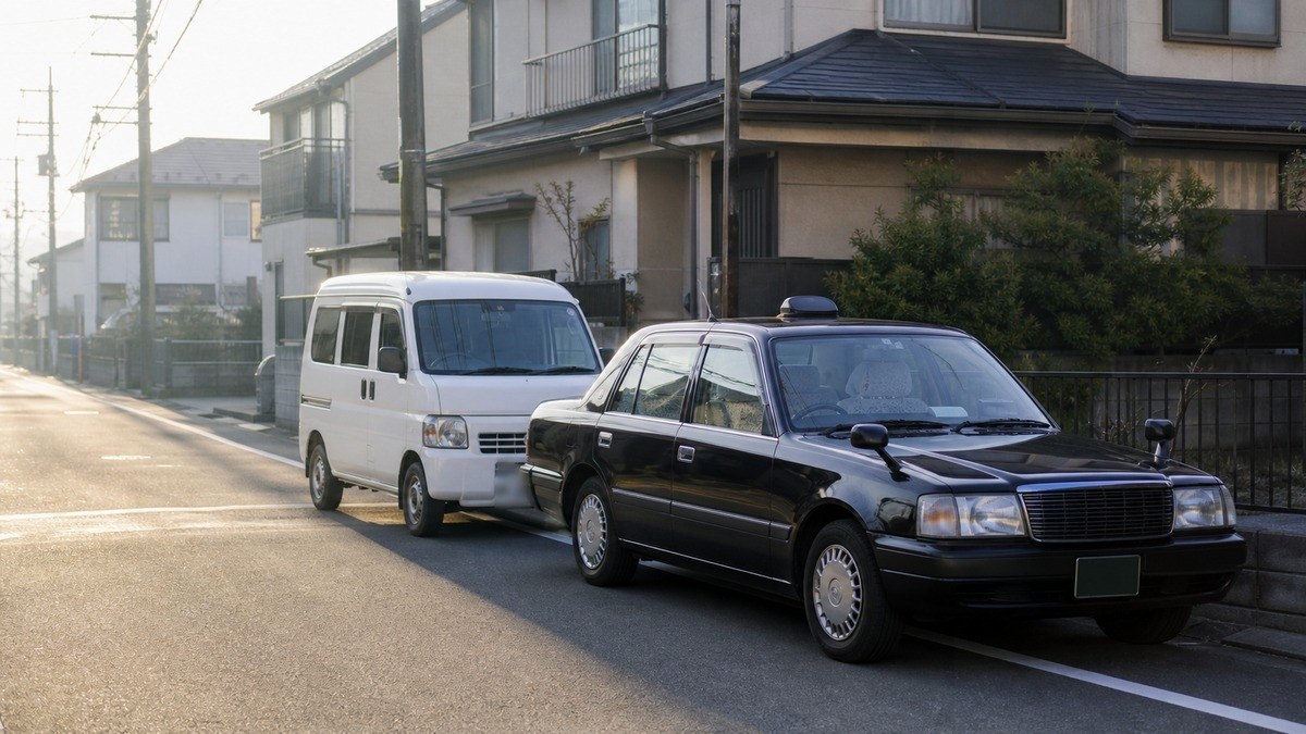 軽貨物バンとタクシーが停まる日本の街角の朝の風景