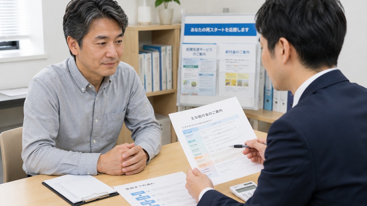 中年男性がコンサルタントから退職後の給付金について説明を受けている写真