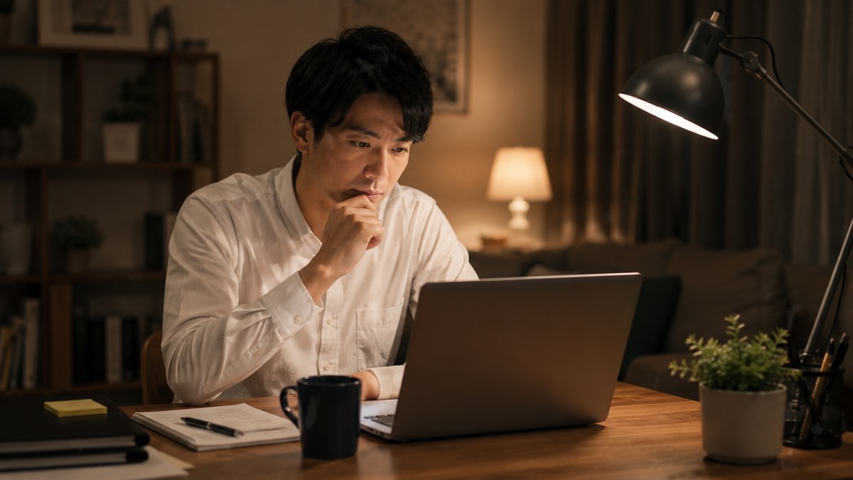 白シャツの30代男性が夜の自宅でノートPCに向かう