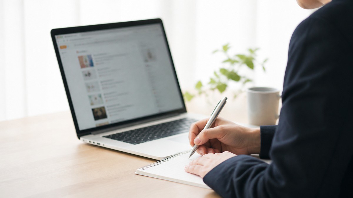 ノートパソコンで求人を見ながらメモを取る会社員の手元