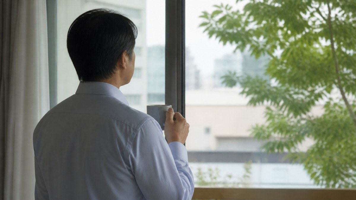 窓辺で立ち止まってこれからのことを考える40代の会社員