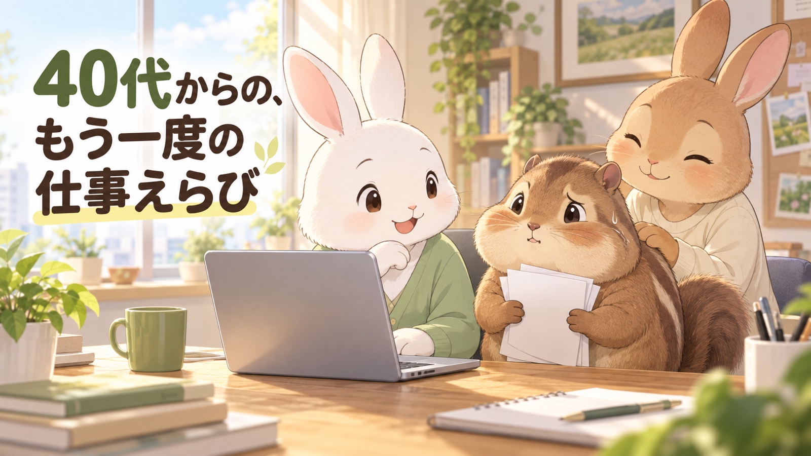 ノートパソコンと書類を前にした3匹のキャラクターが並ぶメインビジュアル