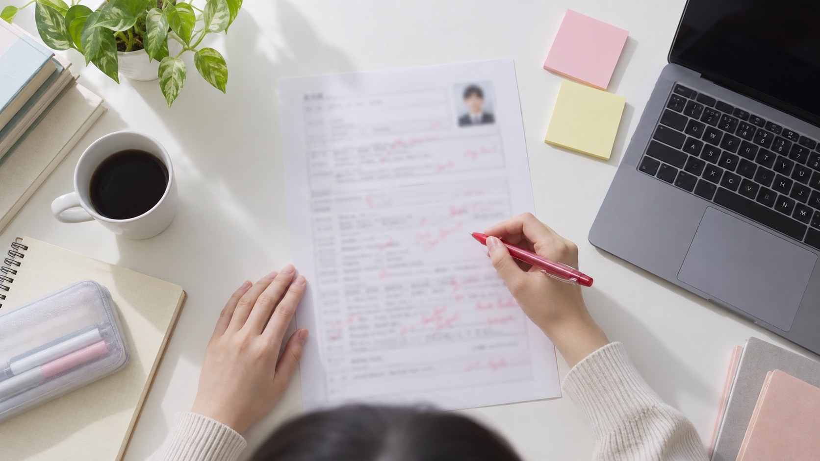 エントリーシートの下書きに赤ペンで修正を入れる様子