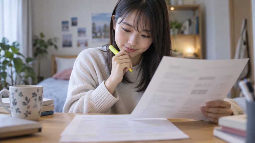 内定通知の書類を前に労働条件を確かめる様子