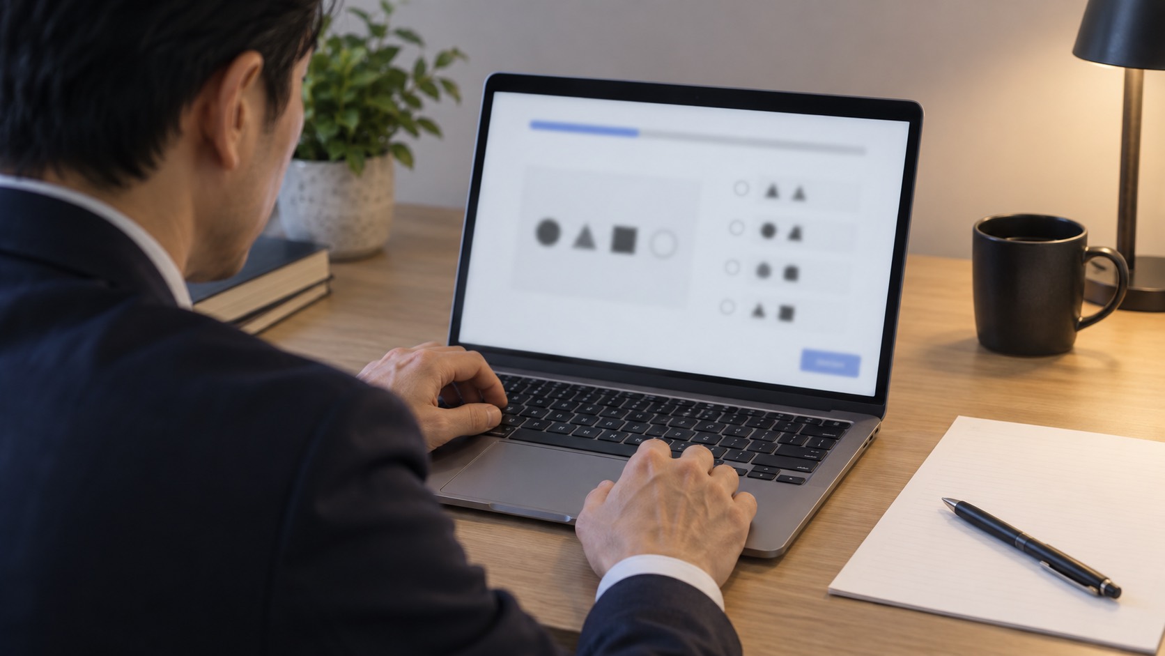 パソコンで適性検査を受ける社会人の手元