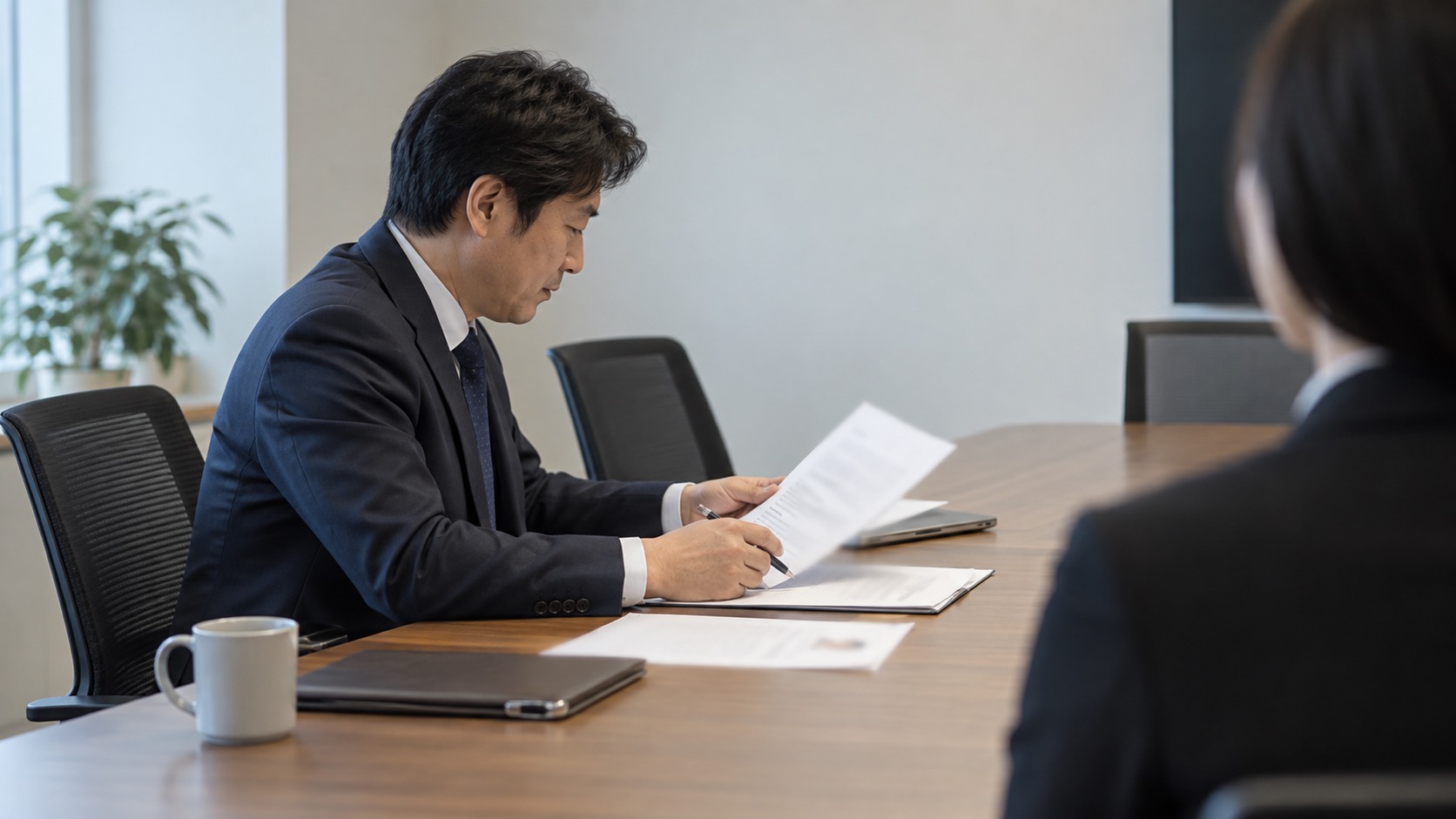面接官が応募者の資料を確認する様子