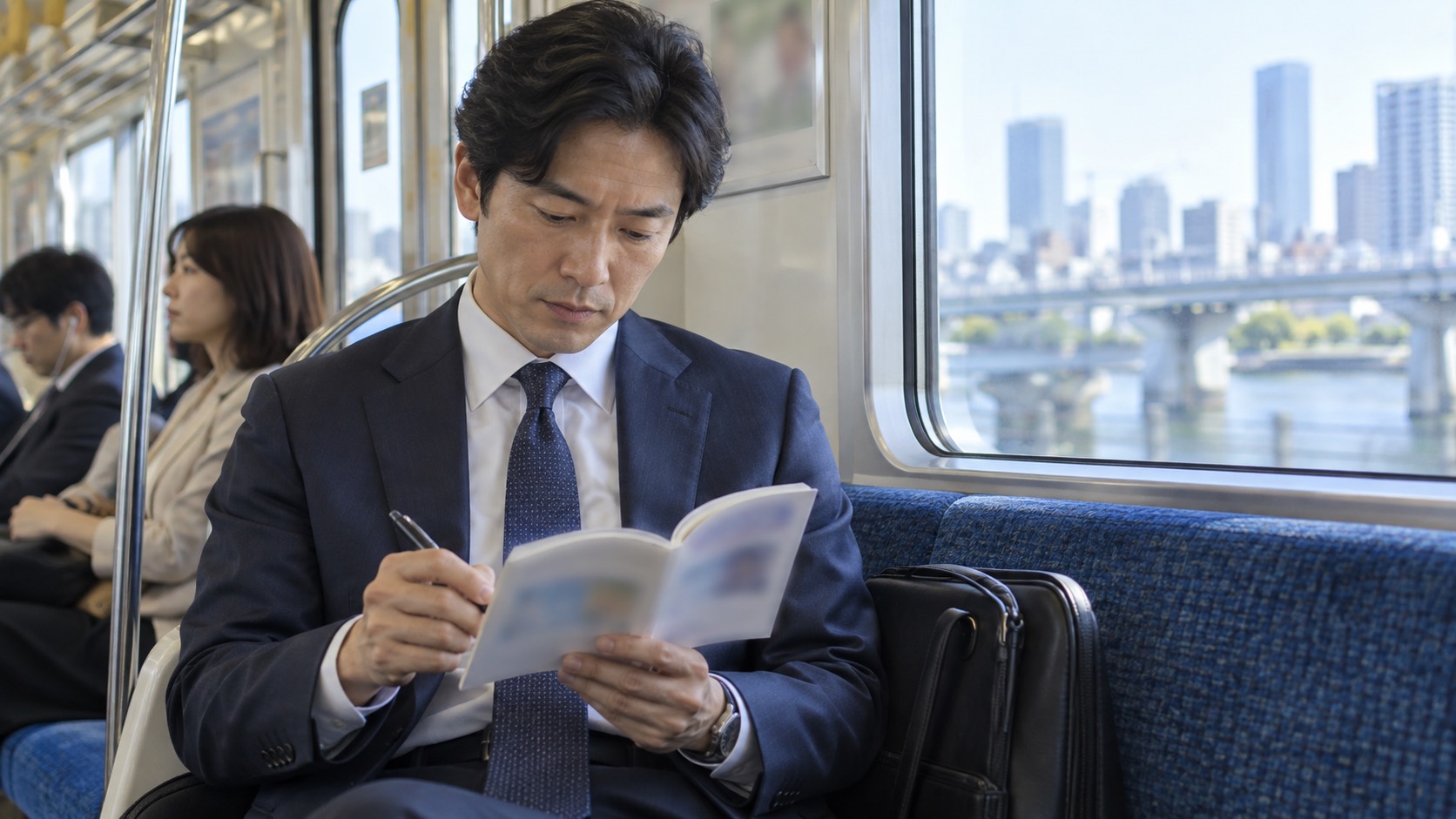 通勤中に問題集で勉強する社会人