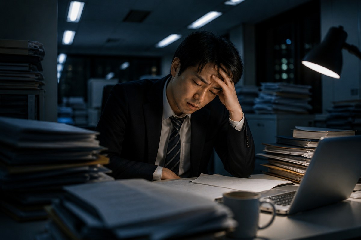 深夜残業で疲れ果てたサラリーマン・ブラック企業の過酷な労働環境