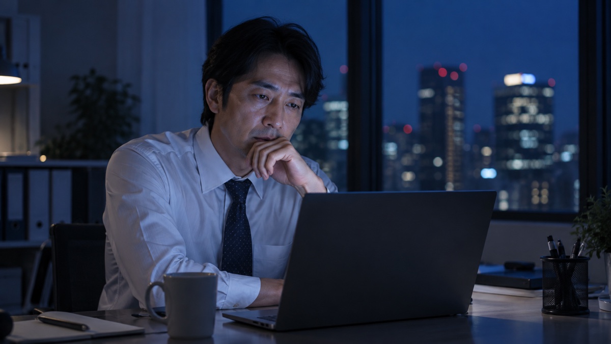 夜のデスクで転職を考え込む会社員