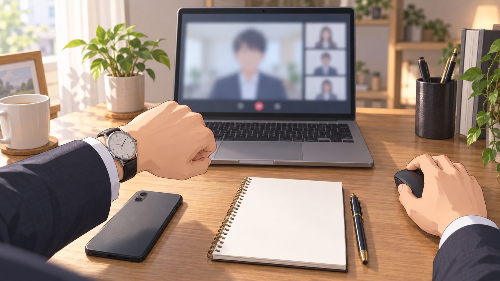 開始前に時計を確認してWeb面接に入室する様子