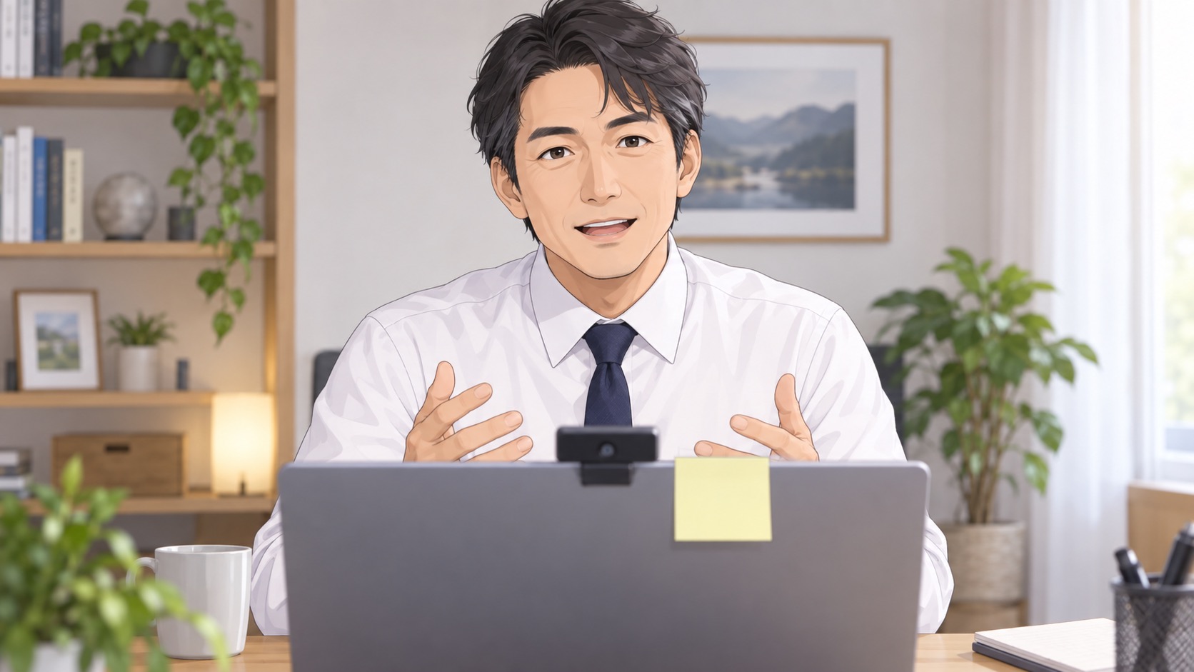 カメラを見て話すWeb面接中の男性