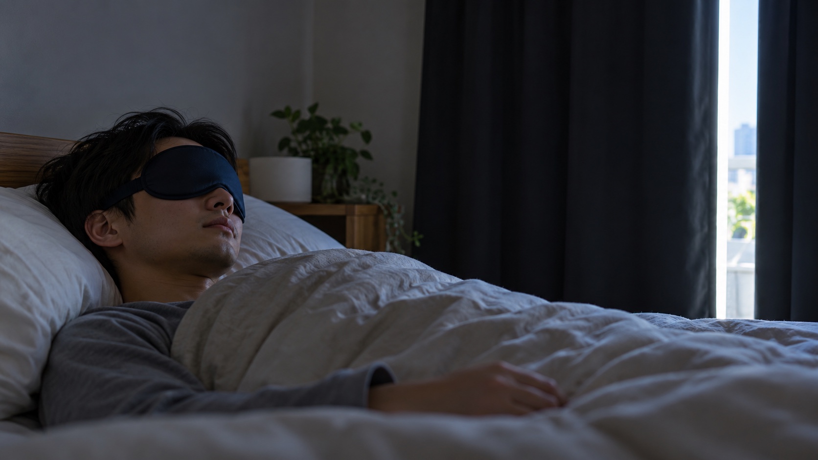 遮光カーテンを閉めた部屋で昼に眠る日本人