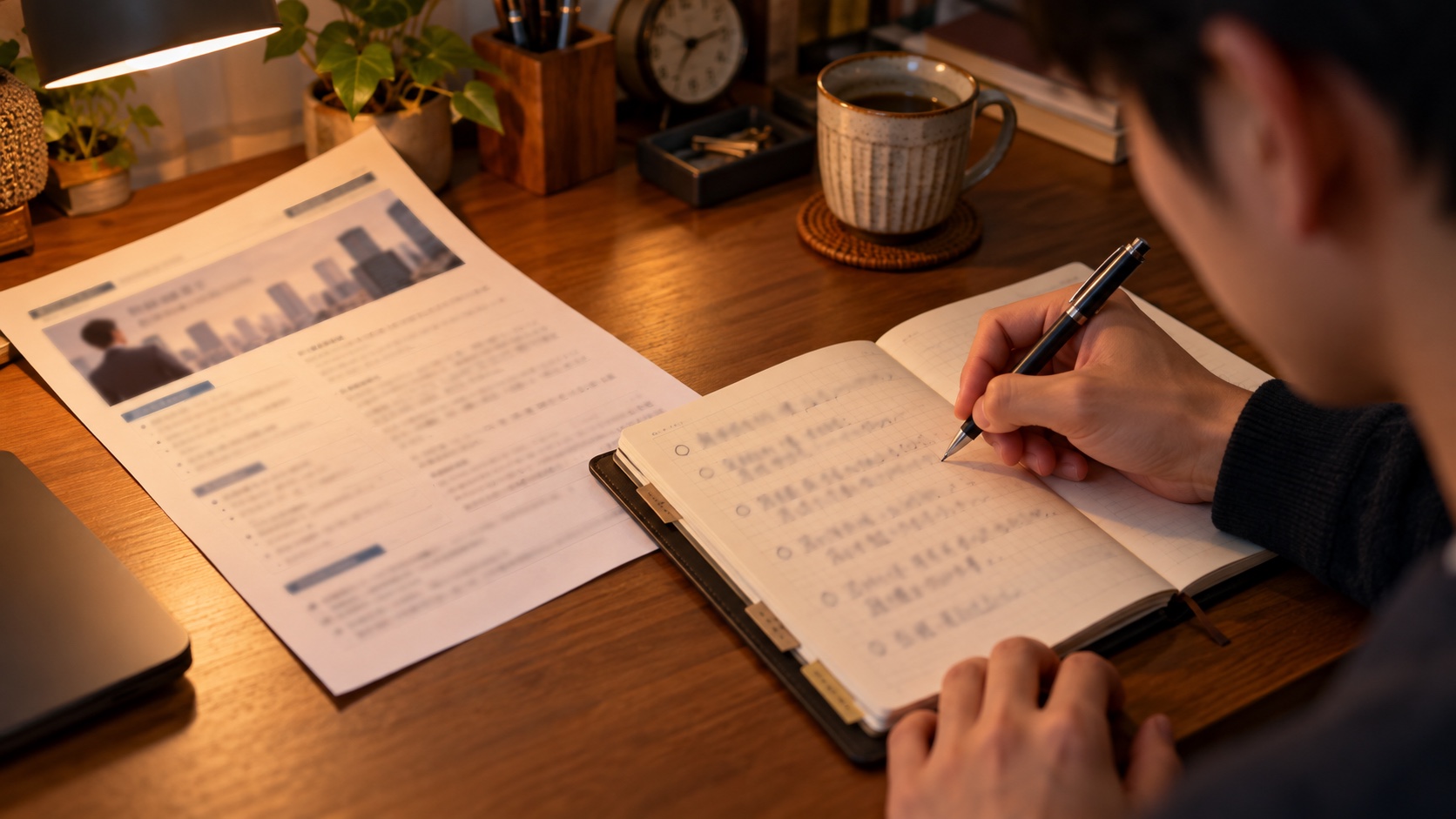 手帳に逆質問を書き出す手元
