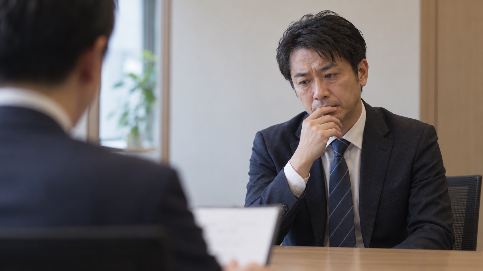 面接で言葉に詰まる日本人男性