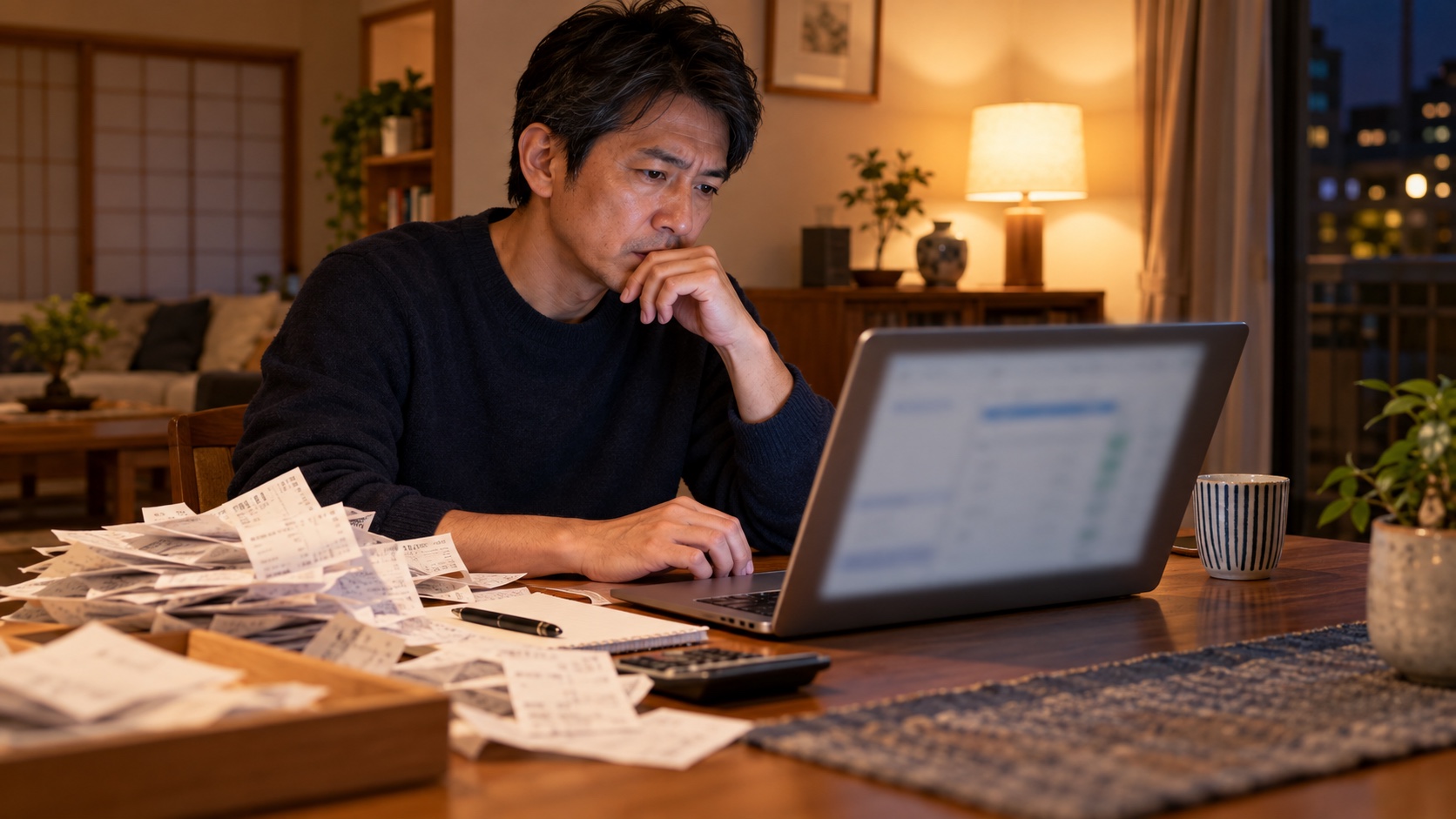 パソコンで確定申告をする日本人男性