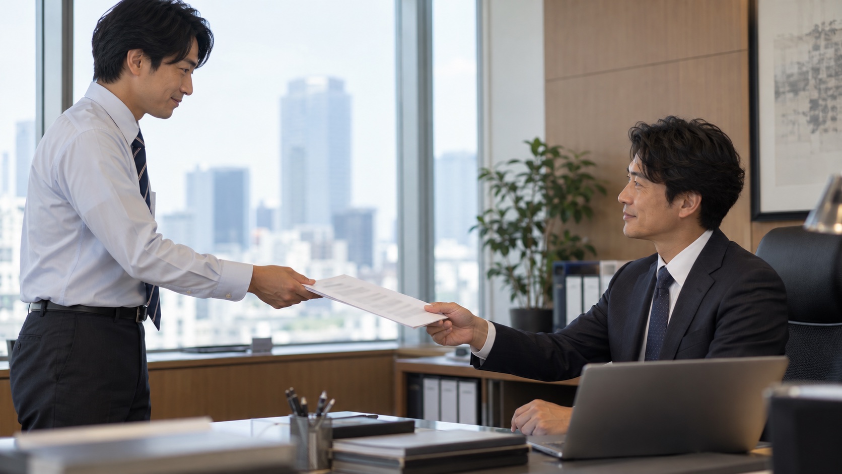 上司に副業の申請書を出す会社員