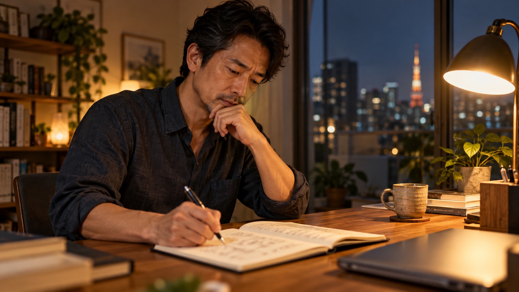 自宅で事業計画を考える40代の日本人男性