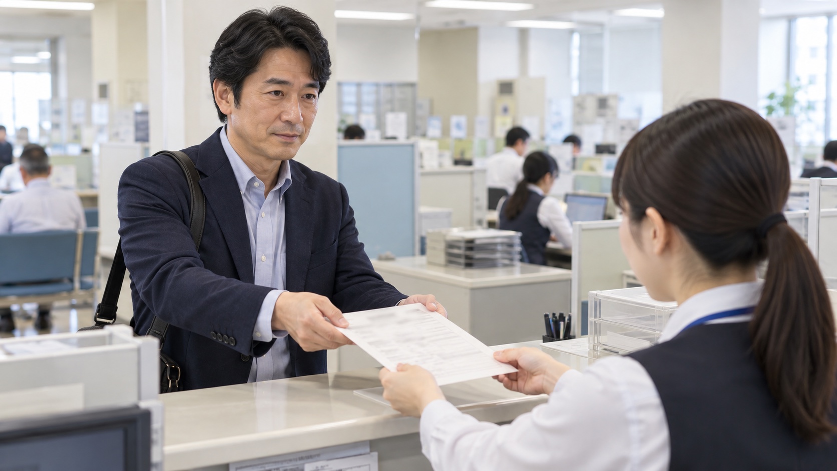 税務署の窓口で開業届を出す日本人男性