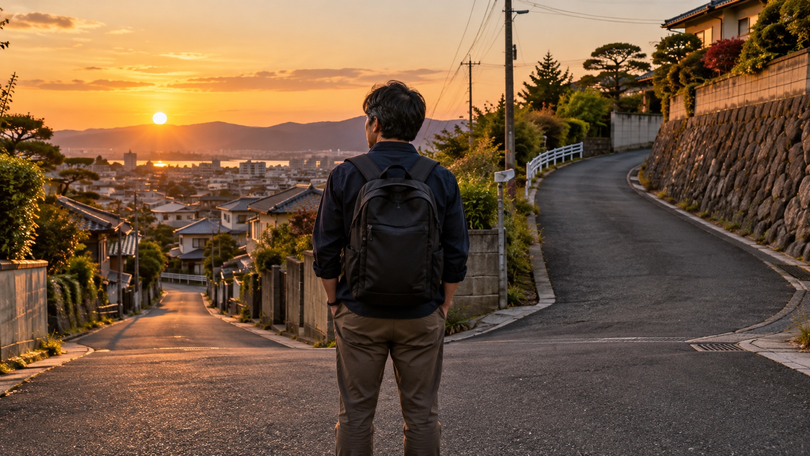 分かれ道の前で考える日本人男性