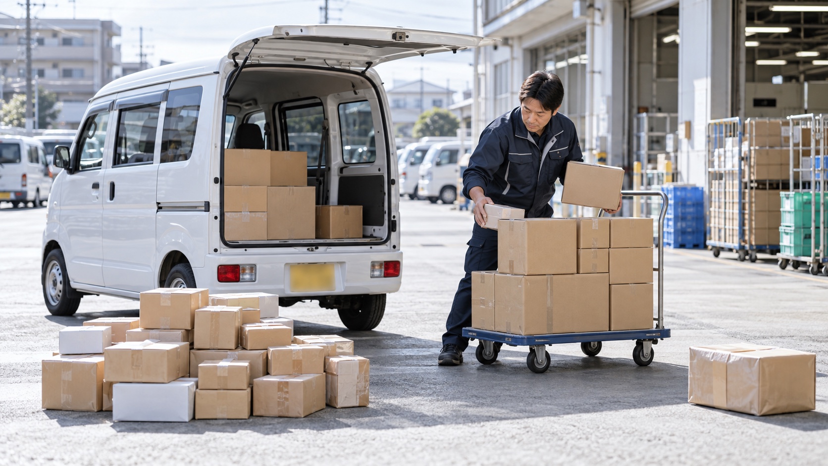 宅配・企業配送・スポット便の荷物を仕分ける日本人の軽貨物ドライバー