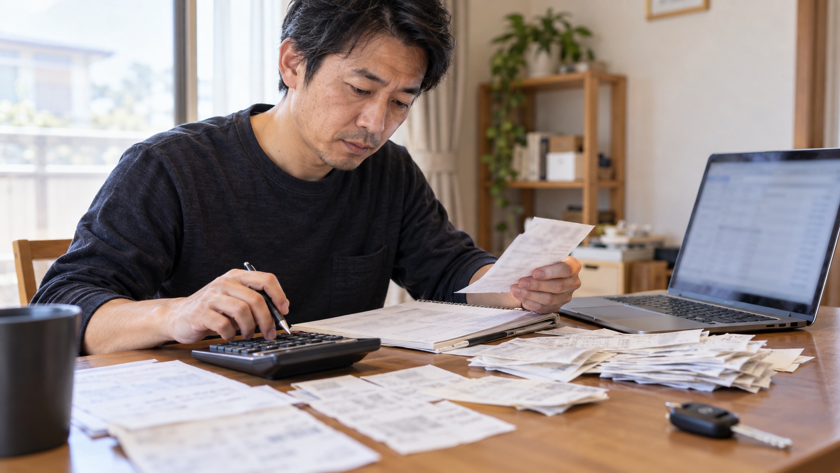 軽貨物の経費と確定申告の書類を整理する日本人ドライバー