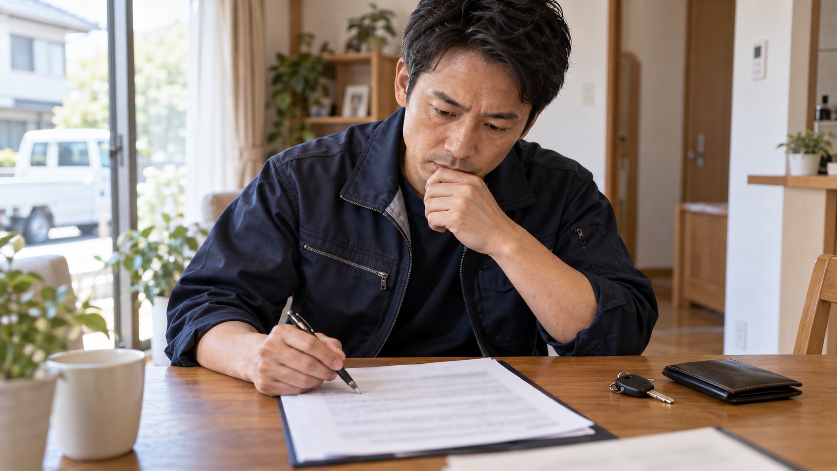 軽貨物の業務委託契約書を慎重に確認する日本人ドライバー