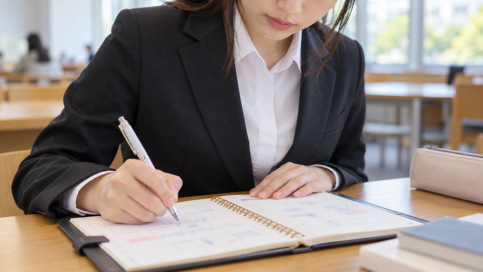 手帳に選考の予定を書き込む日本人の就活生