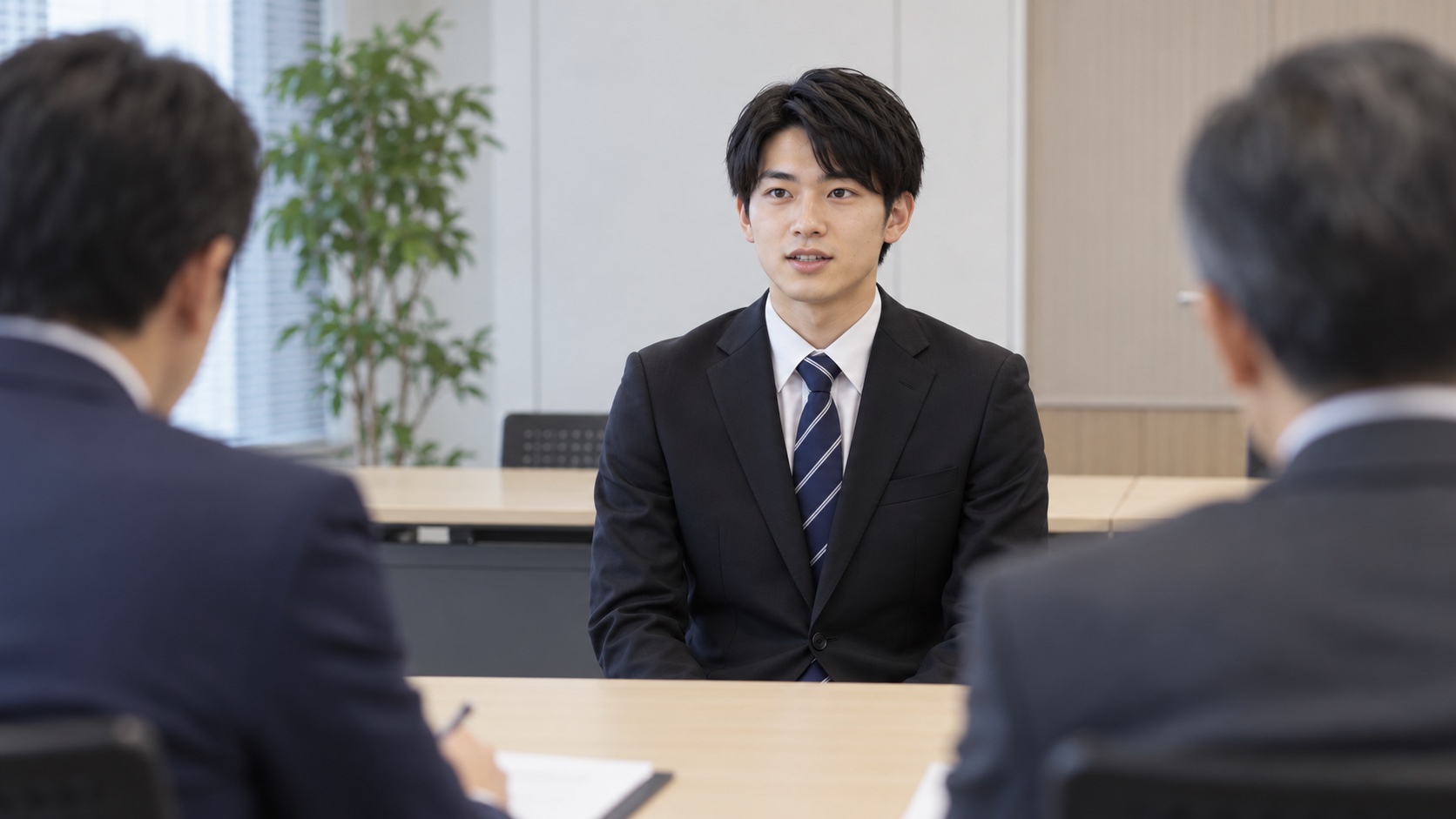 面接官の前で受け答えをする日本人の就活生