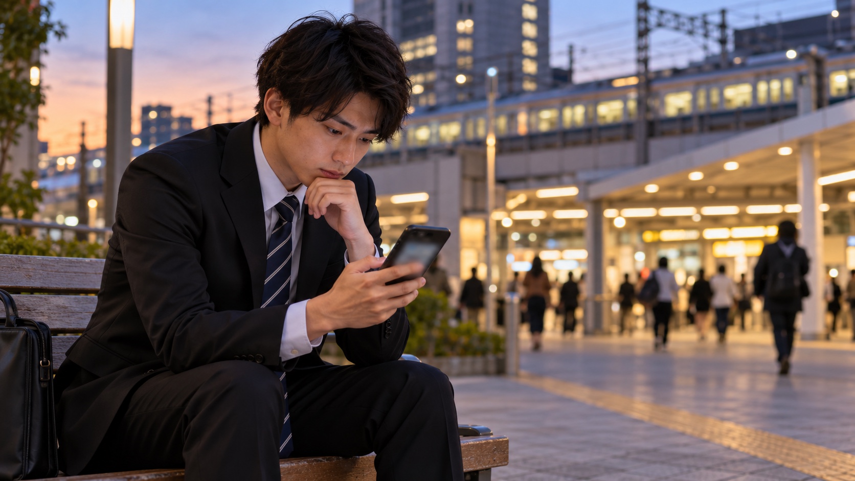 面接の帰りに考え込む日本人の就活生