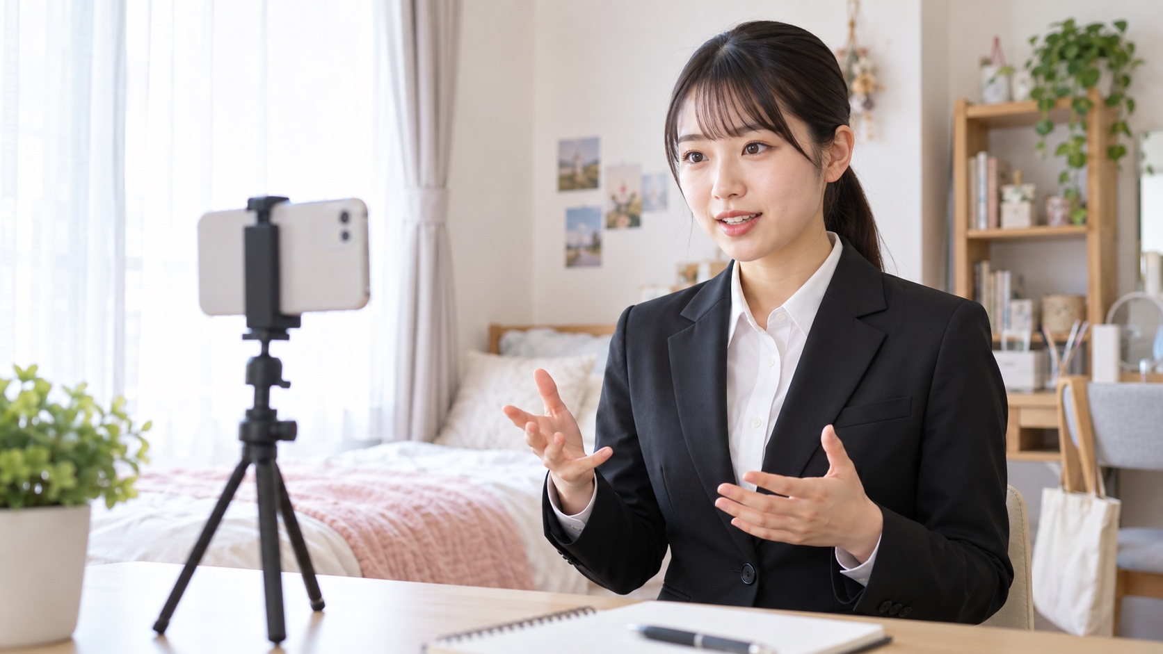 スマホで録画して面接の練習をする日本人の就活生